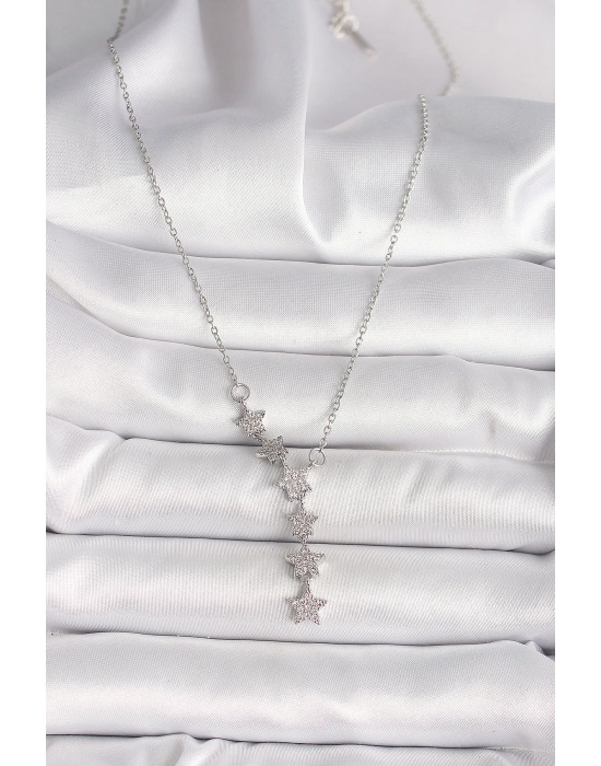 316l Çelik Gümüş Renk Zincir Zirkon Taşlı Yıldız Model Kadın Kolye - Bamido