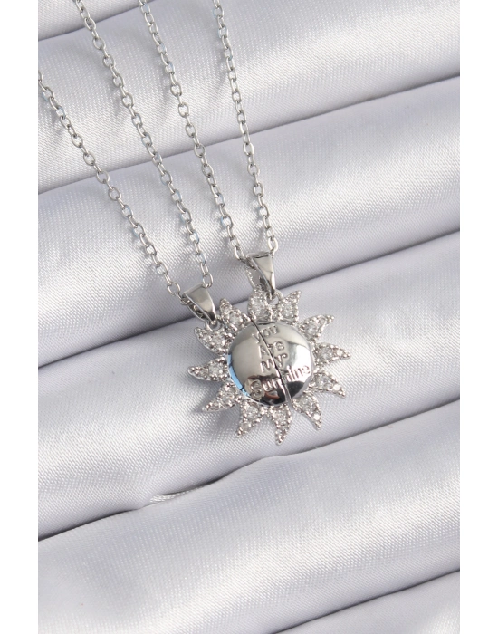 316l Çelik Gümüş Renk Zirkon Taşlı Güneş Model İşleme Yazı Detay Arkadaşlık Kolyesi - Bamido