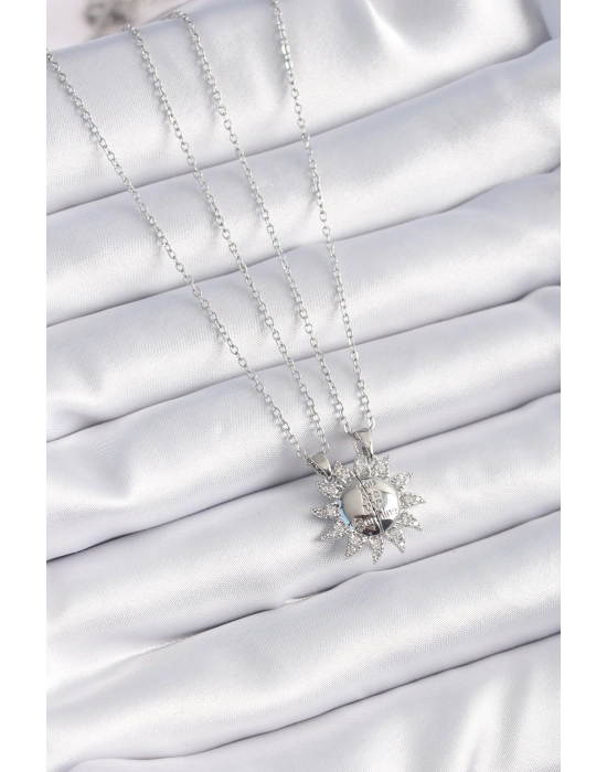 316l Çelik Gümüş Renk Zirkon Taşlı Güneş Model İşleme Yazı Detay Arkadaşlık Kolyesi - Bamido