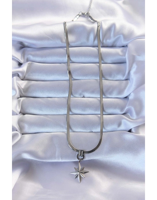 316l Çelik Gümüş Renk Zirkon Taşlı İtalyan Zincirli Kutup Yıldızı Kolye - Bamido