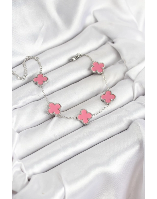 316l Çelik Gümüş Zincir Pembe Renk Yonca Bileklik - Bamido