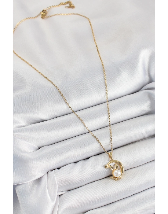 316l Çelik İnci Detaylı Hilal Tavşan Model Gold Renk Kadın Kolye - Bamido