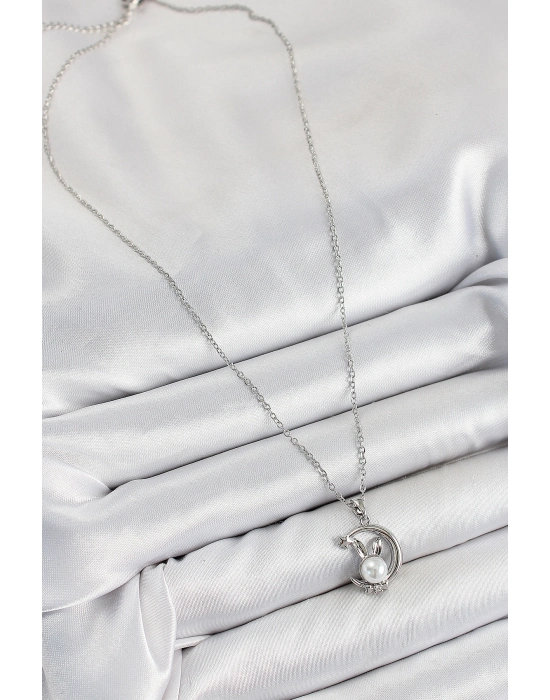 316l Çelik İnci Detaylı Hilal Tavşan Model Gümüş Renk Kadın Kolye - Bamido