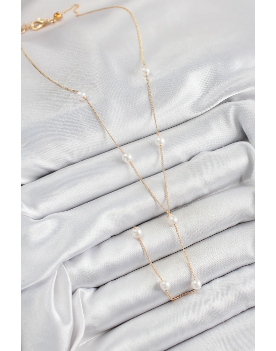 316l Çelik İnci Figürlü Y Model Gold Renk Kadın Kolye - Bamido