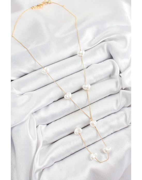 316l Çelik İncili Kalp Figürlü Y Model Gold Renk Kadın Kolye - Bamido