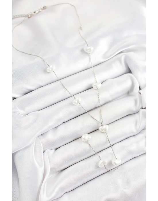 316l Çelik İncili Kalp Figürlü Y Model Gümüş Renk Kadın Kolye - Bamido