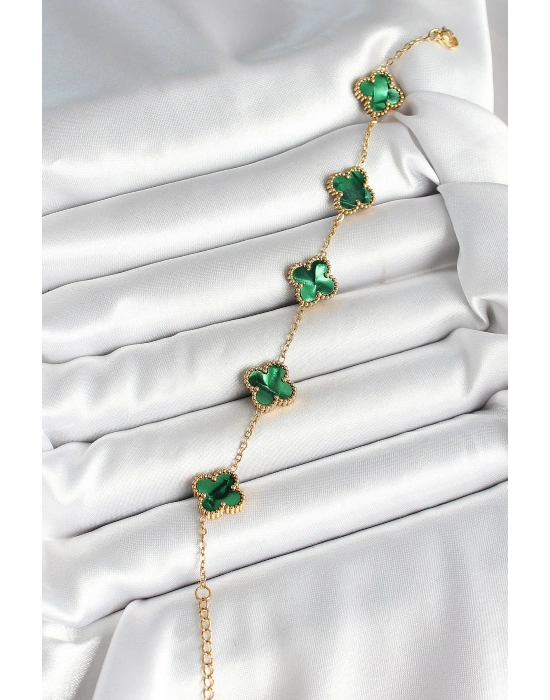 316l Çelik Sedefli Zümrüt Yeşil Gold Renk Yonca Kadın Bileklik - Bamido