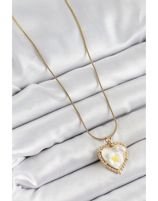 316l Çelik Zincir Beyaz Sanatsal Portre İnci Detaylı Papatya Figürlü Kalp Model Gold Renk Kadın Kolye - Bamido