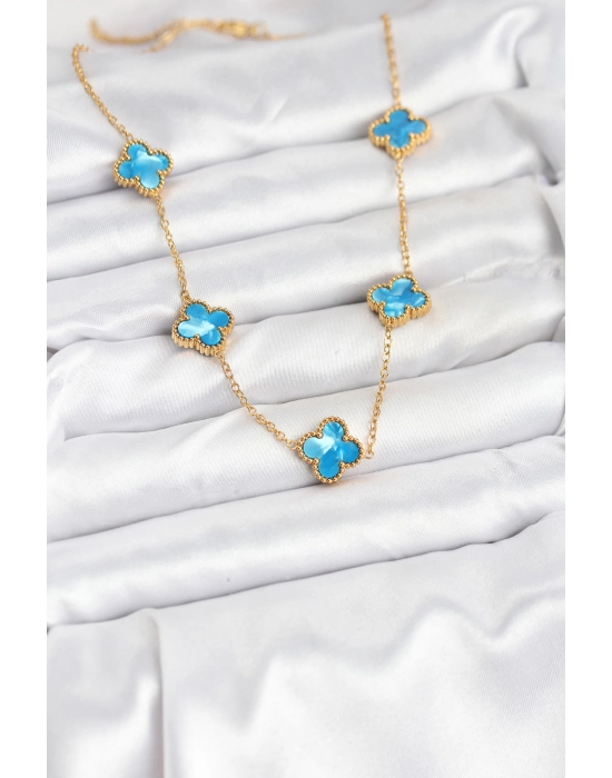 316l Çelik Zincir Gold Buz Mavisi Renk Yonca Kolye - Bamido