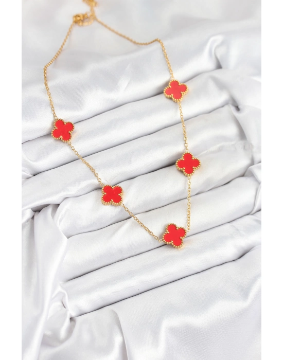 316l Çelik Zincir Gold Kırmızı Renk Yonca Kadın Kolye - Bamido