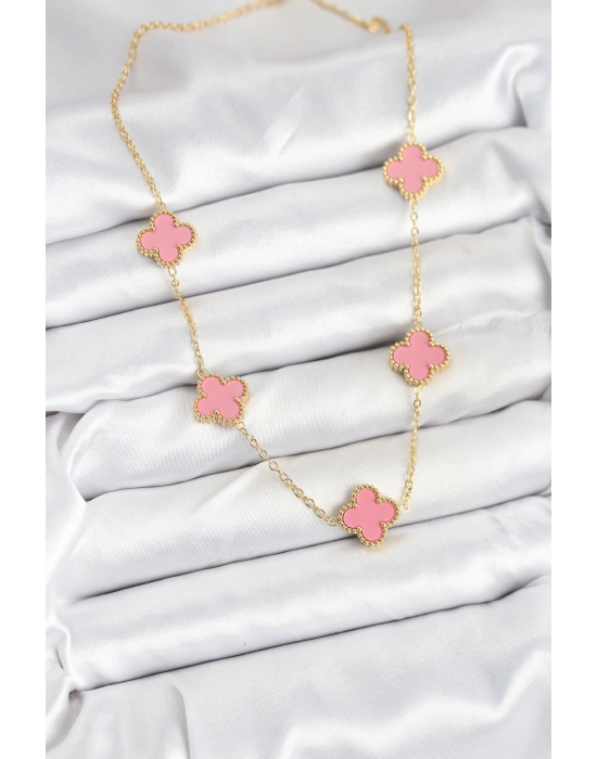 316l Çelik Zincir Gold Pembe Renk Yonca Kadın Kolye - Bamido