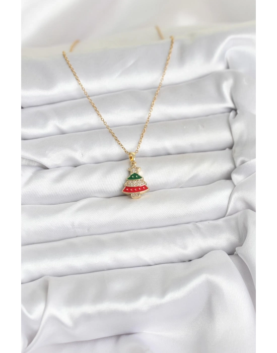 316l Çelik Zincir Gold Ren Çam Ağacı Model Zirkon Taşlı Yılbaşı Temalı Kadın Kolye - Bamido