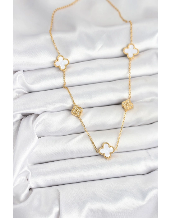 316l Çelik Zincir Gold Renk Beyaz Ve Zirkon Taşlı Yonca Kadın Kolye - Bamido