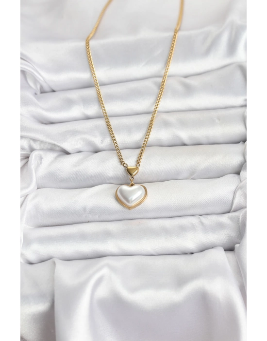 316l Çelik Zincir Gold Renk Bombeli Kalp Model Kadın Kolye - Bamido