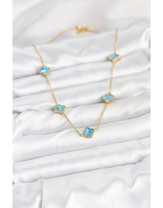 316l Çelik Zincir Gold Renk Buz Mavisi Baby Boy Yonca Kadın Kolye - Bamido