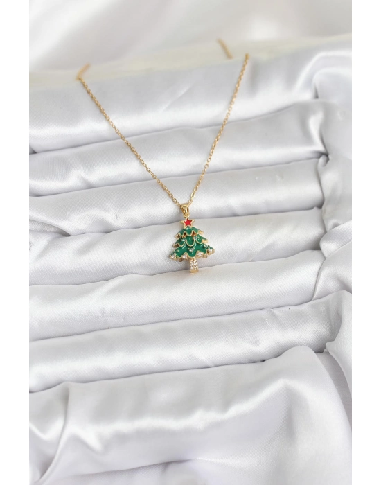 316l Çelik Zincir Gold Renk Çam Ağacı Model Yılbaşı Temalı Kadın Kolye - Bamido