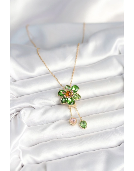 316l Çelik Zincir Gold Renk Çiçek Model Sallantılı Kadın Kolye - Bamido