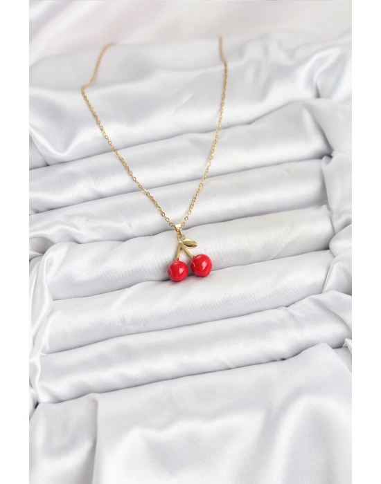 316l Çelik Zincir Gold Renk Kiraz Model Kadın Kolye - Bamido