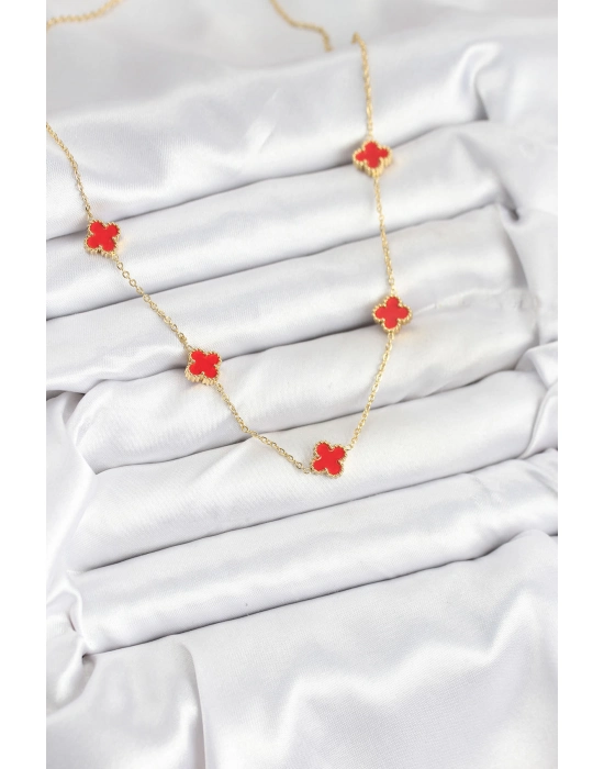 316l Çelik Zincir Gold Renk Kırmızı Baby Boy Yonca Kadın Kolye - Bamido