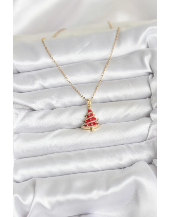 316l Çelik Zincir Gold Renk Kırmızı Çam Ağacı Model Yılbaşı Temalı Kadın Kolye - Bamido