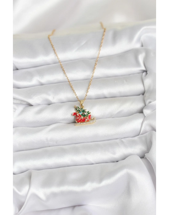 316l Çelik Zincir Gold Renk Kızak Ve Çam Ağacı Figürlü Yılbaşı Temalı Kadın Kolye - Bamido