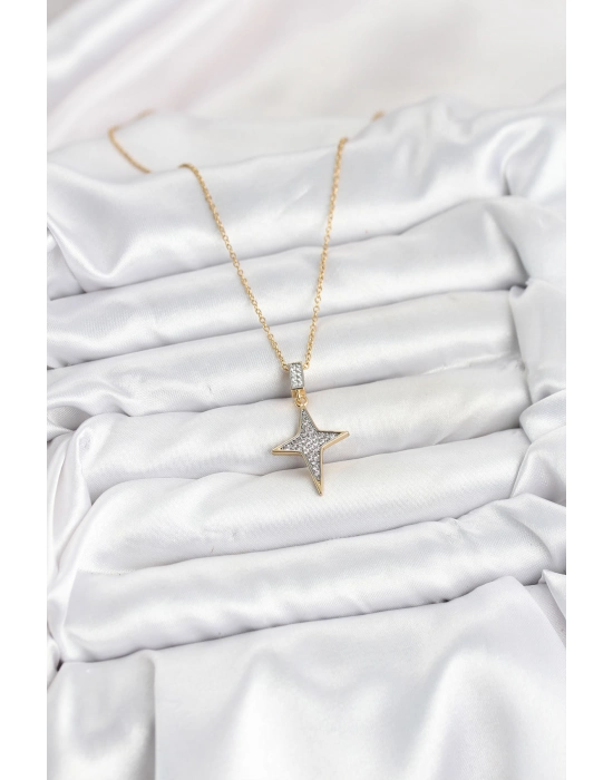 316l Çelik Zincir Gold Renk Kutup Yıldızı Model Zirkon Taşlı Kadın Kolye - Bamido