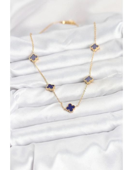 316l Çelik Zincir Gold Renk Lacivert Baby Boy Yonca Kadın Kolye - Bamido