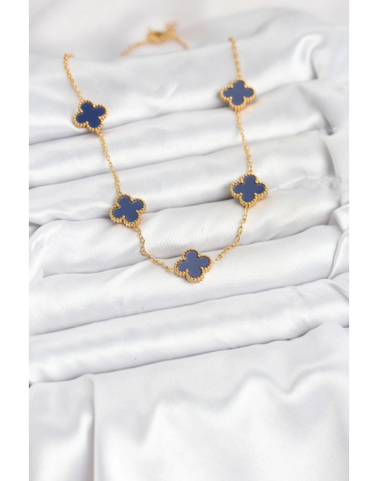 316l Çelik Zincir Gold Renk Lacivert Yonca Kadın Kolye - Bamido