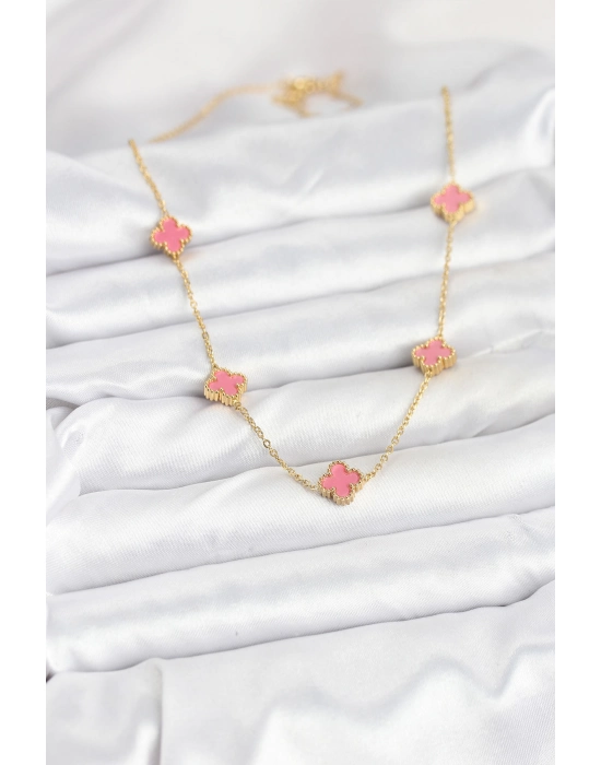 316l Çelik Zincir Gold Renk Pembe Baby Boy Yonca Kadın Kolye - Bamido