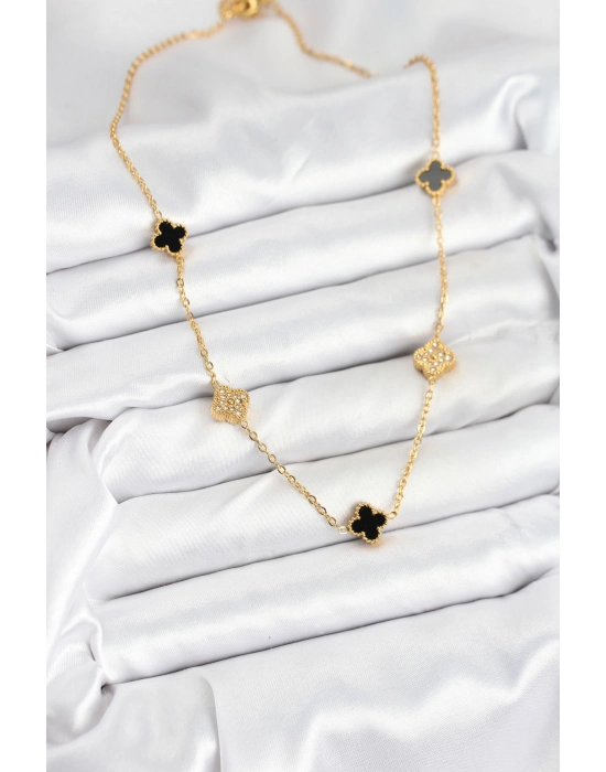 316l Çelik Zincir Gold Renk Siyah Ve Zirkon Taşlı Baby Boy Yonca Kadın Kolye - Bamido