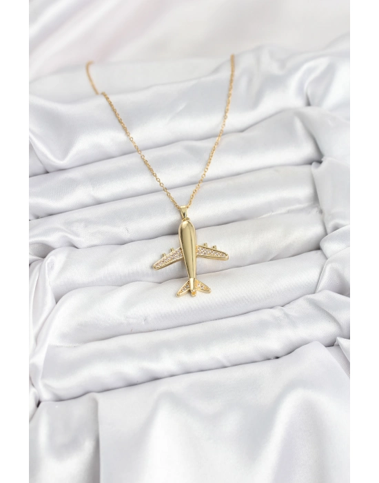 316l Çelik Zincir Gold Renk Uçak Model Kadın Kolye - Bamido