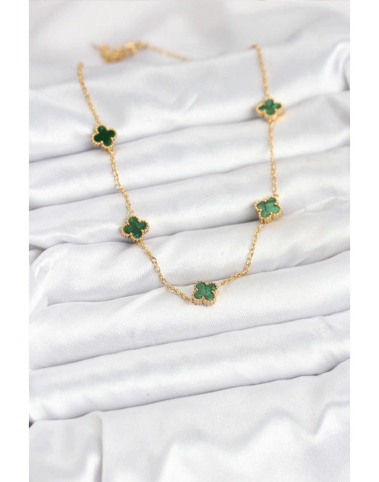 316l Çelik Zincir Gold Renk Yeşil Baby Boy Yonca Kadın Kolye - Bamido