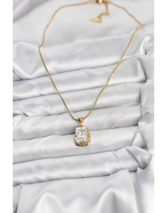 316l Çelik Zincir Gold Renk Zirkon Taşlı Kadın Kolye - Bamido