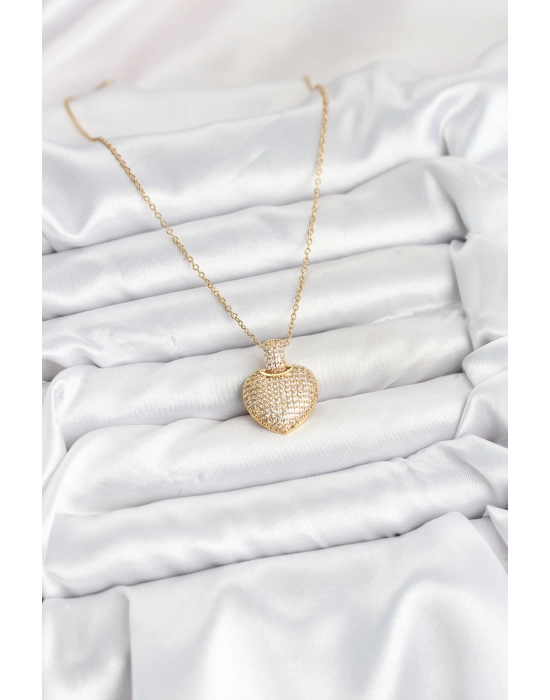 316l Çelik Zincir Gold Renk Zirkon Taşlı Kalpli Kadın Kolye - Bamido
