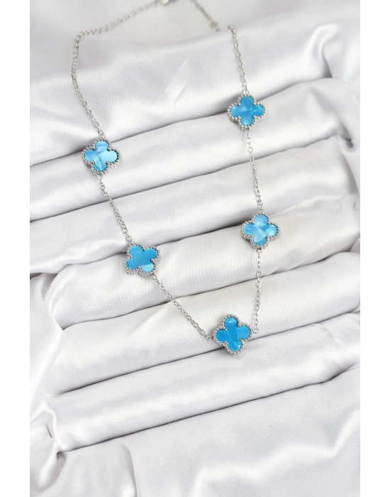 316l Çelik Zincir Gümüş Buz Mavisi Renk Yonca Kadın Kolye - Bamido