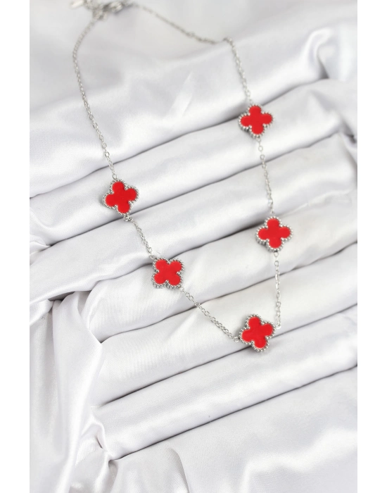 316l Çelik Zincir Gümüş Kırmızı Renk Yonca Kadın Kolye - Bamido