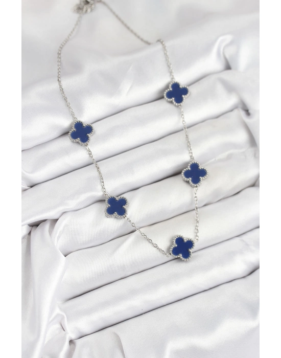 316l Çelik Zincir Gümüş Lacivert Renk Yonca Kadın Kolye - Bamido