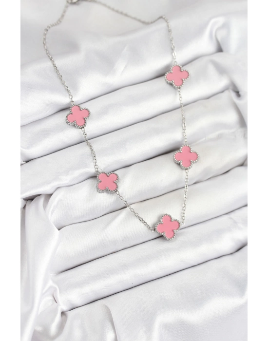 316l Çelik Zincir Gümüş Pembe Renk Yonca Kadın Kolye - Bamido