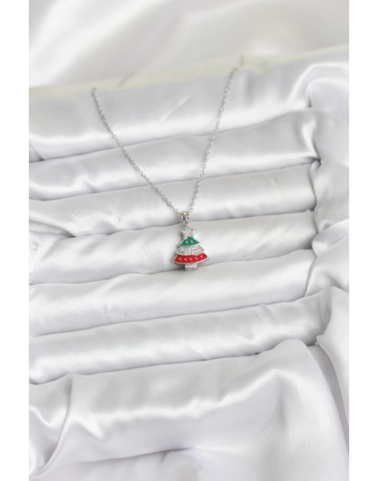 316l Çelik Zincir Gümüş Ren Çam Ağacı Model Zirkon Taşlı Yılbaşı Temalı Kadın Kolye - Bamido