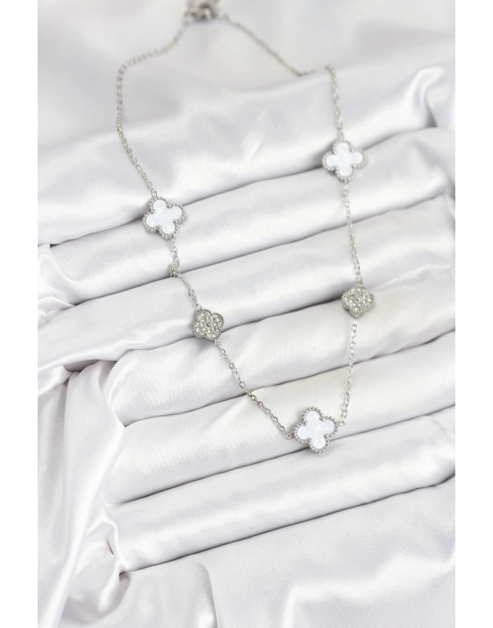 316l Çelik Zincir Gümüş Renk Beyaz Ve Zirkon Taşlı Yonca Kadın Kolye - Bamido