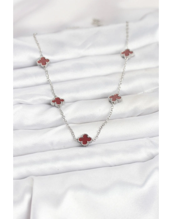 316l Çelik Zincir Gümüş Renk Bordo Baby Boy Yonca Kadın Kolye - Bamido