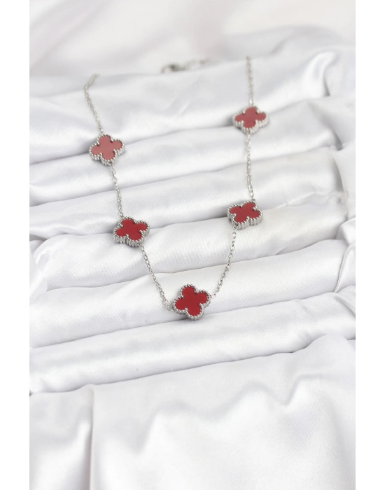 316l Çelik Zincir Gümüş Renk Bordo Renk Yonca Kadın Kolye - Bamido