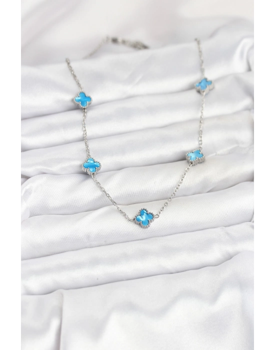 316l Çelik Zincir Gümüş Renk Buz Mavisi Baby Boy Yonca Kadın Kolye - Bamido