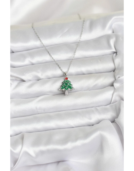 316l Çelik Zincir Gümüş Renk Çam Ağacı Model Yılbaşı Temalı Kadın Kolye - Bamido