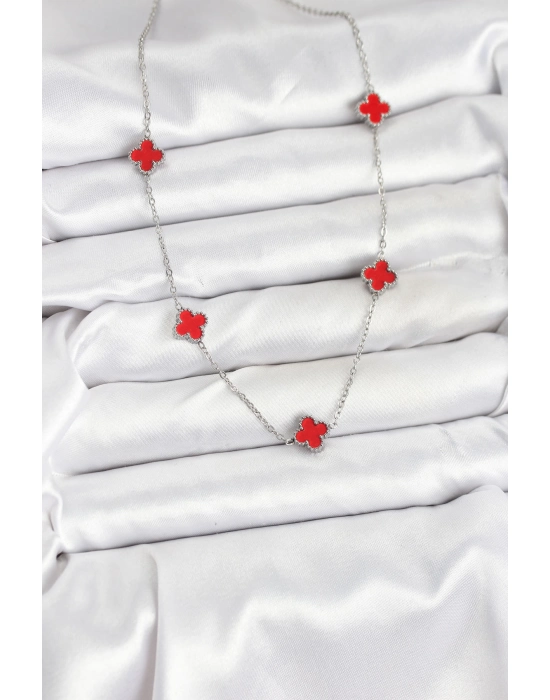 316l Çelik Zincir Gümüş Renk Kırmızı Baby Boy Yonca Kadın Kolye - Bamido