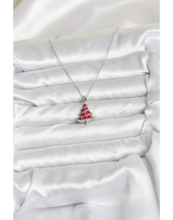 316l Çelik Zincir Gümüş Renk Kırmızı Çam Ağacı Model Yılbaşı Temalı Kadın Kolye - Bamido