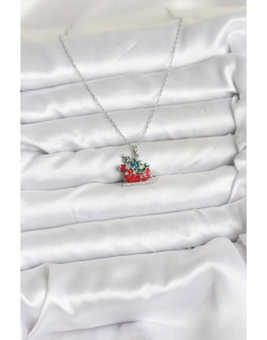 316l Çelik Zincir Gümüş Renk Kızak Ve Çam Ağacı Figürlü Yılbaşı Temalı Kadın Kolye - Bamido