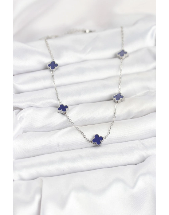 316l Çelik Zincir Gümüş Renk Lacivert Baby Boy Yonca Kadın Kolye - Bamido