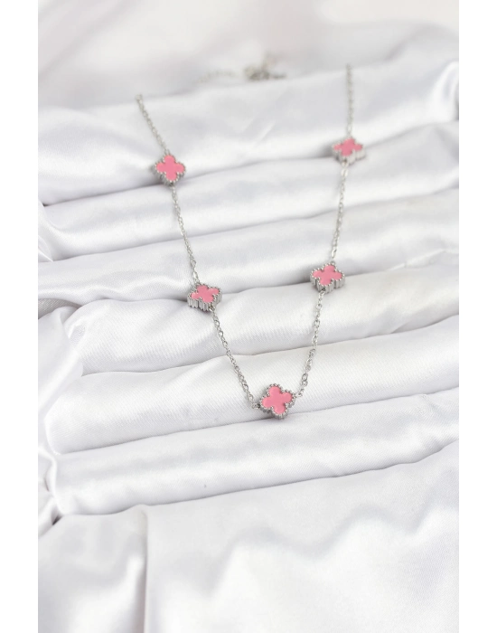 316l Çelik Zincir Gümüş Renk Pembe Baby Boy Yonca Kadın Kolye - Bamido