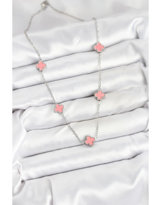 316l Çelik Zincir Gümüş Renk Pembe Baby Boy Yonca Kadın Kolye - Bamido